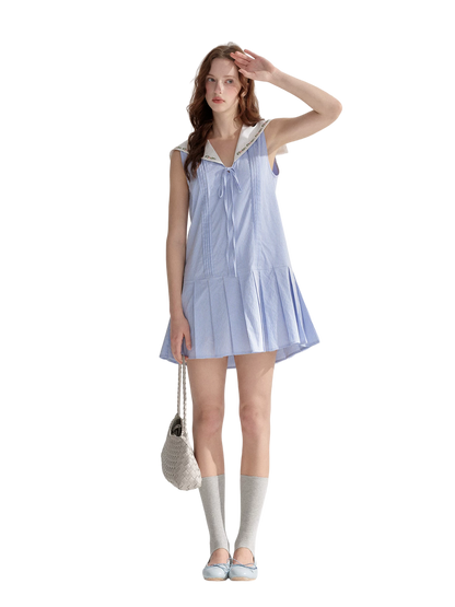 Embroidered Blue Striped Sailor Collar Pleated Dress