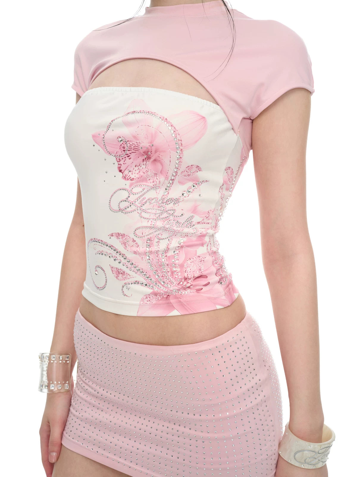 Y2K Style Crystal Embellished Top &amp; Mini Skirt