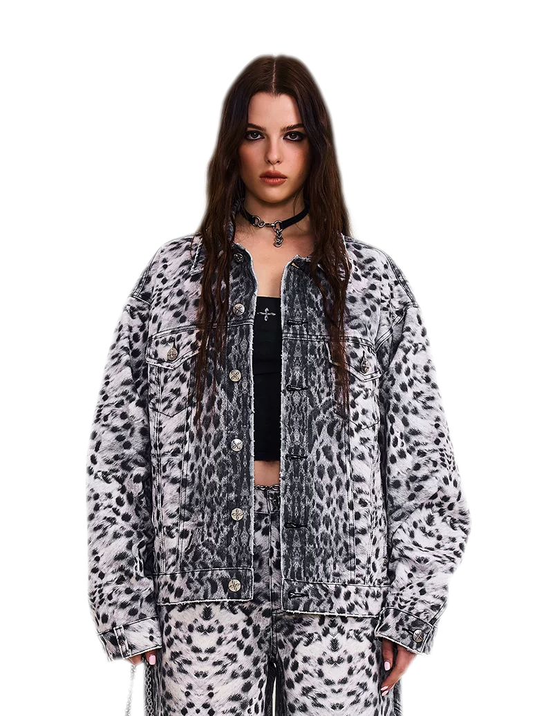 Cross Statue Leopard Camo Denim Jacket