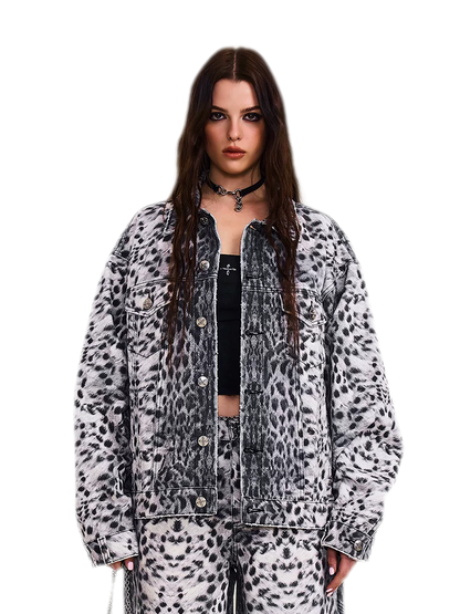 Cross Statue Leopard Camo Denim Jacket