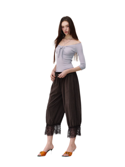 Relaxed Fit Tencel Lace Patchwork Wide Leg Pants