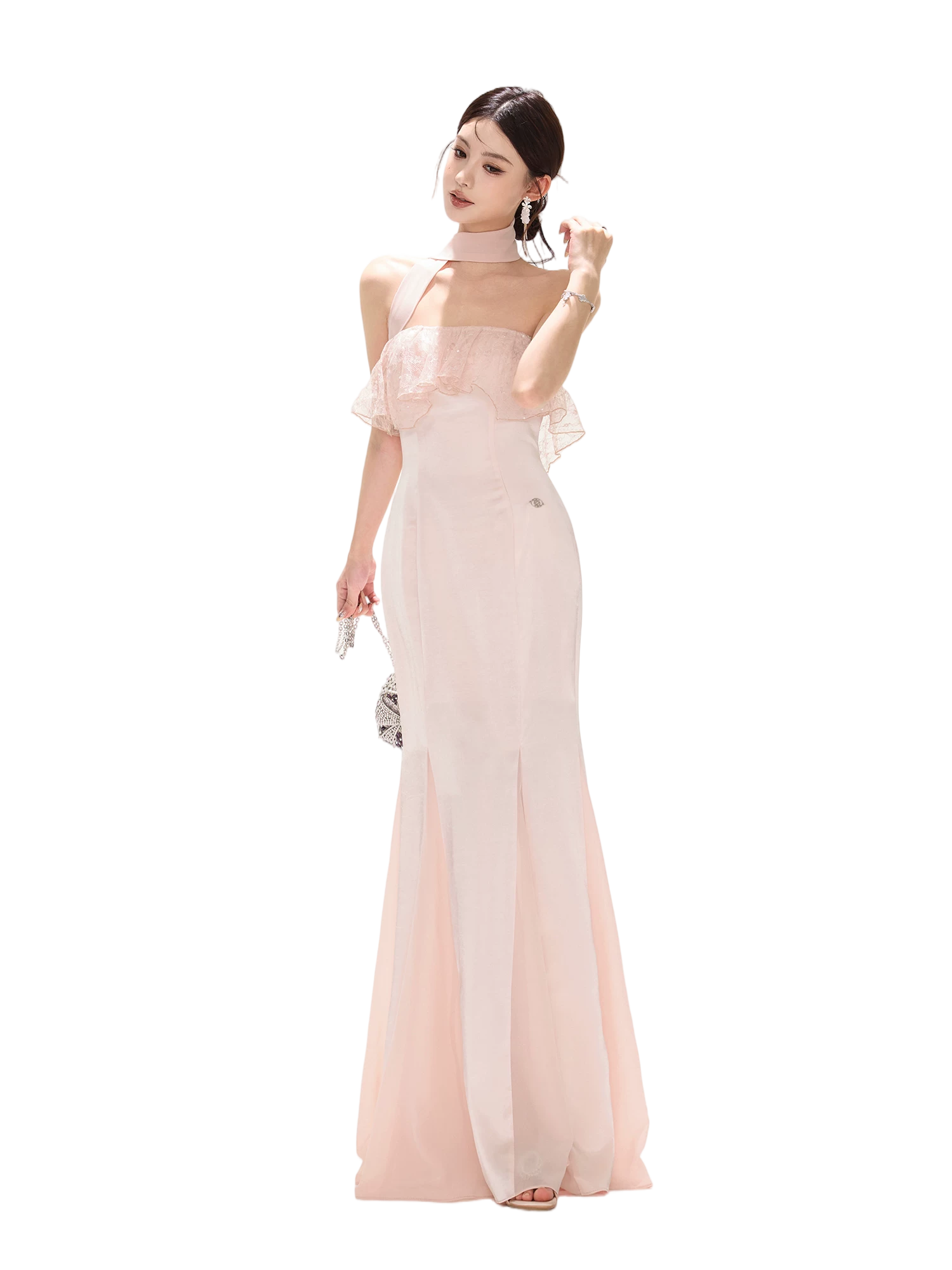 Strapless Lace Ruffle Fishtail Long Dress in Champagne