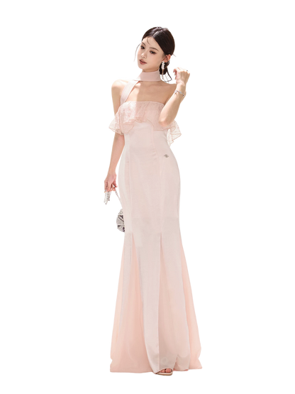 Strapless Lace Ruffle Fishtail Long Dress in Champagne