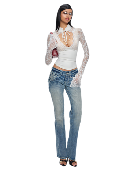 Washed Low-Rise Flared Jeans