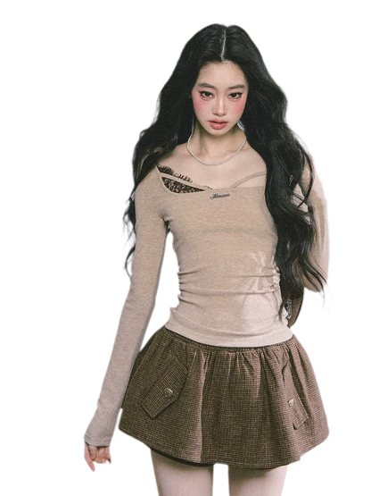Lace Panel Fitted Long-Sleeve Top