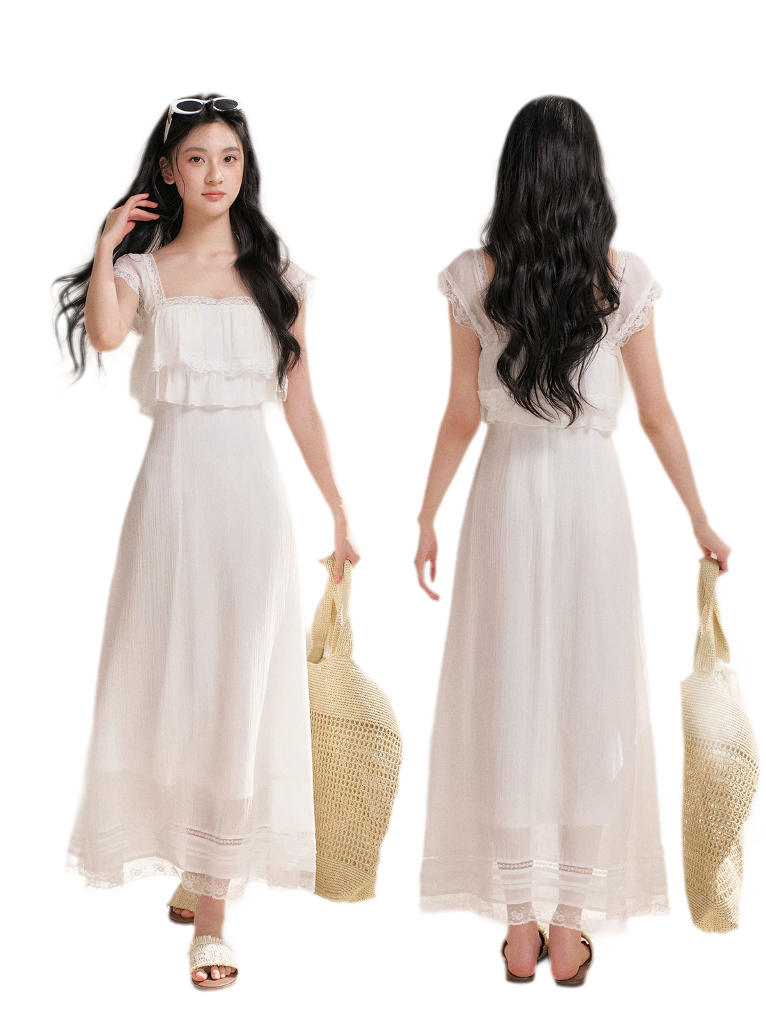 Lace Ruffle Waist Long Dress