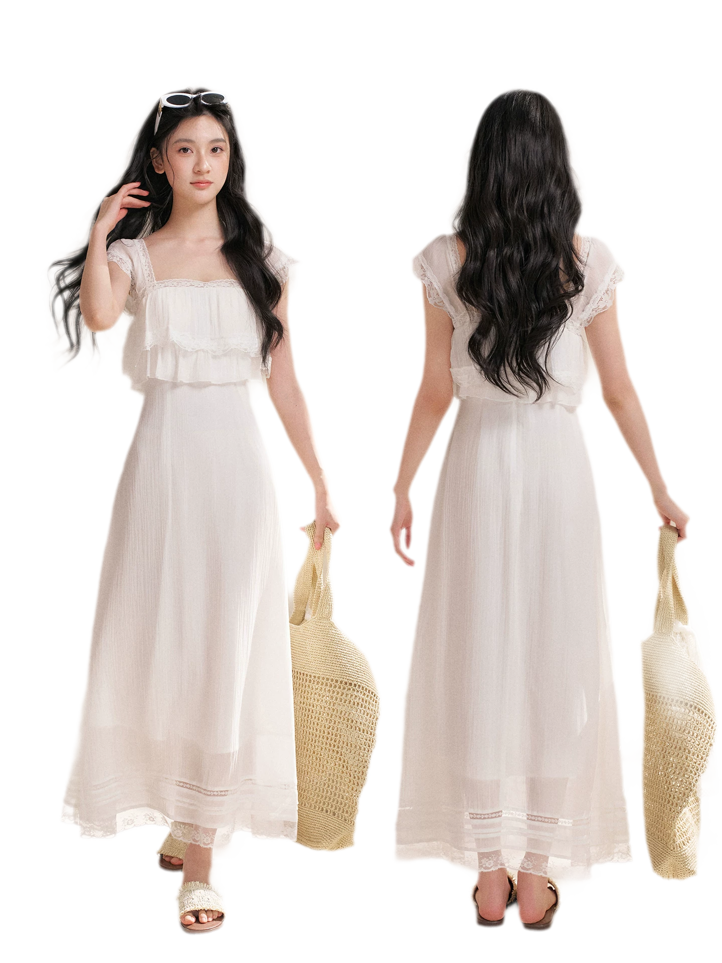 Lace Ruffle Waist Long Dress