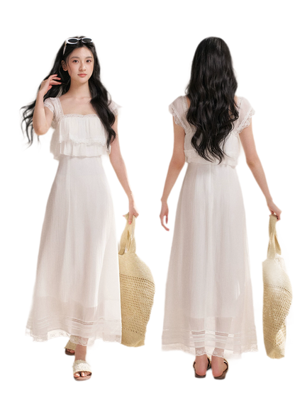 Lace Ruffle Waist Long Dress