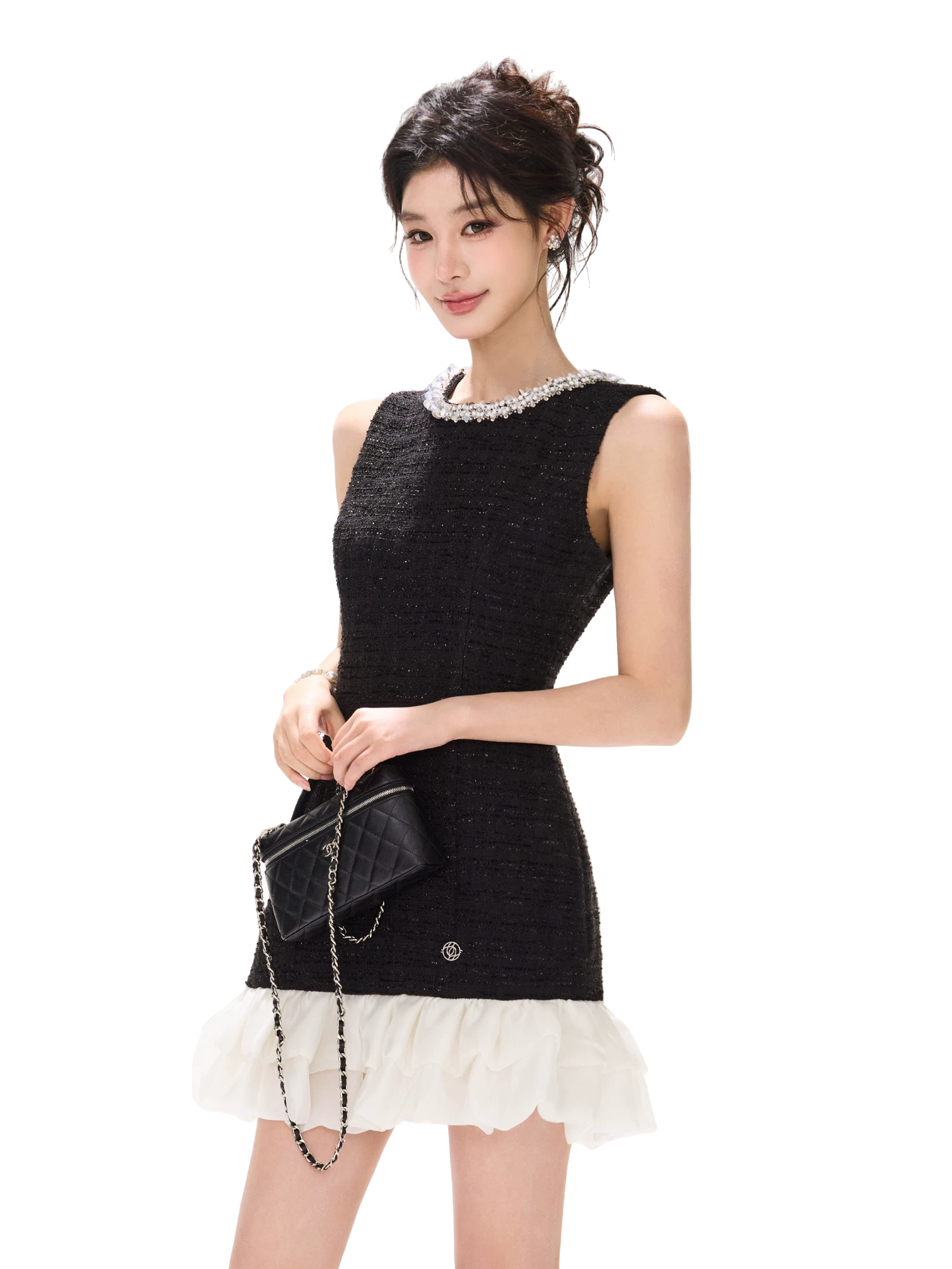 Diamond Neckline Ruffled Sleeveless Waist-Cinching Dress