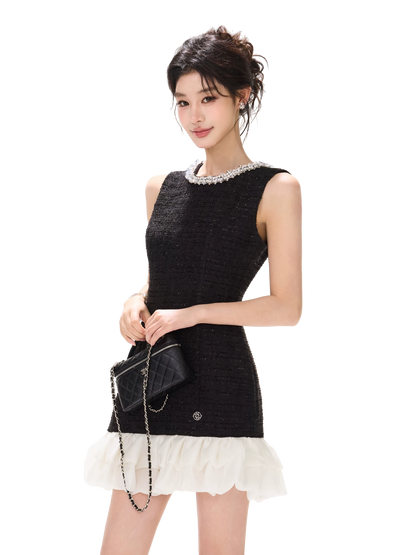 Diamond Neckline Ruffled Sleeveless Waist-Cinching Dress