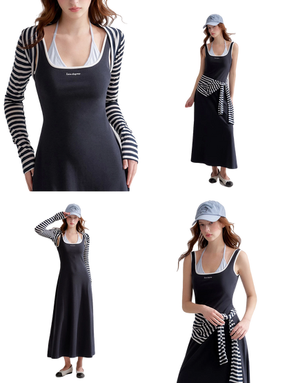 Contrast Color U-Neck Halter Knit Long Dress