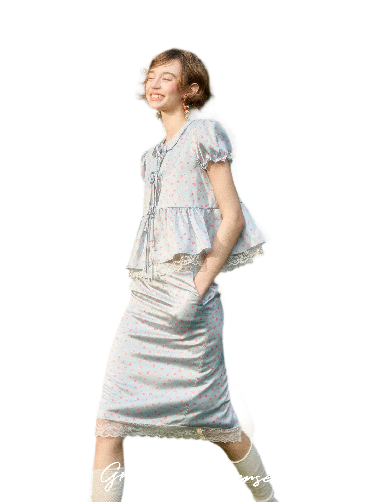 Soft Misty Blue Doll Collar Satin Floral Shirt