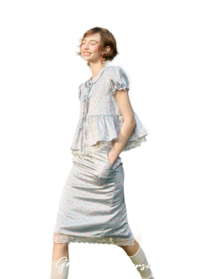 Soft Misty Blue Doll Collar Satin Floral Shirt