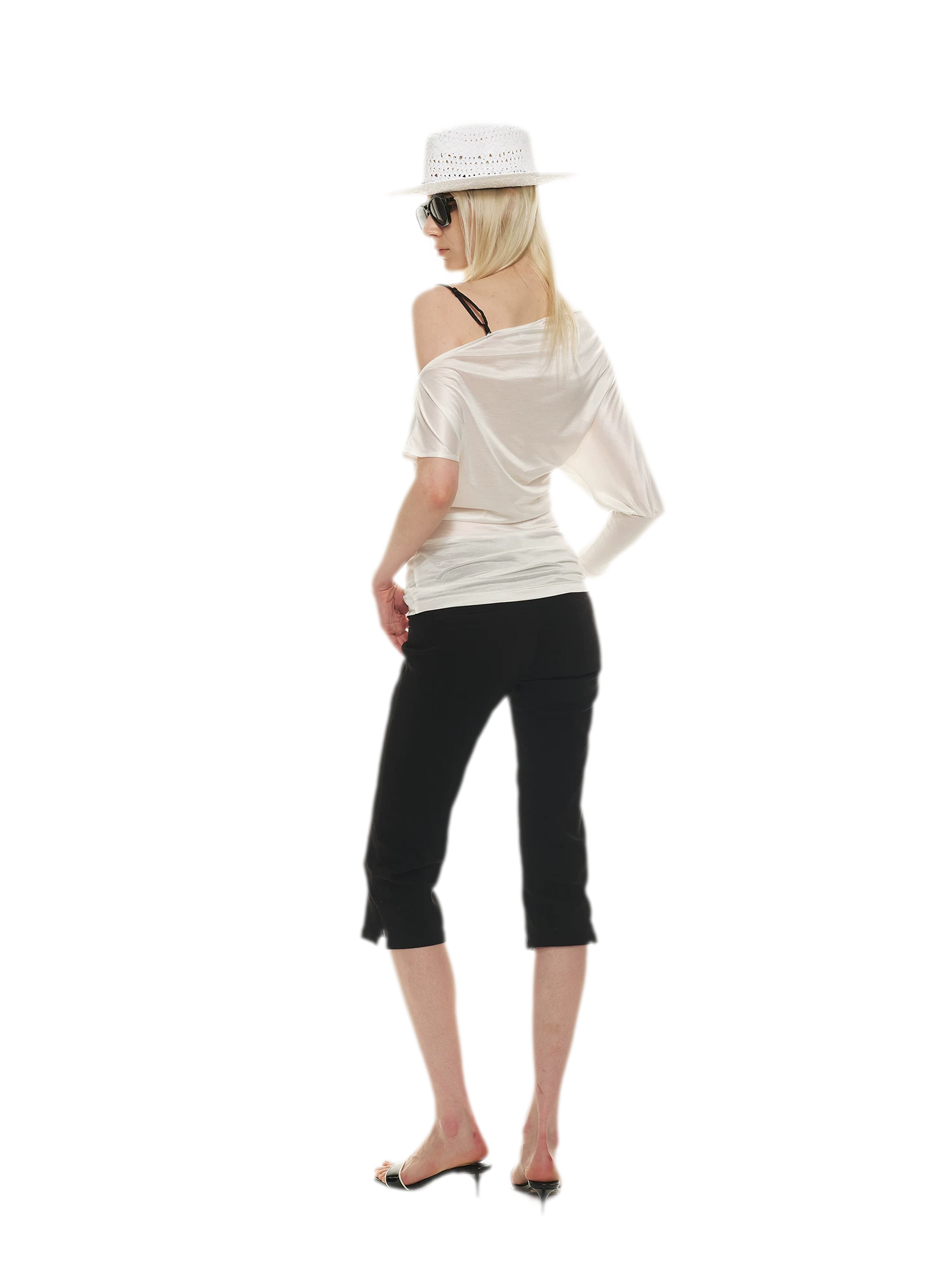 Silky Satin Texture Asymmetric Off-Shoulder Lace Trim T-Shirt