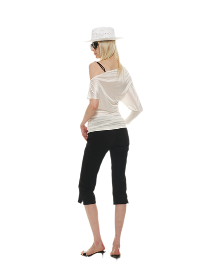 Silky Satin Texture Asymmetric Off-Shoulder Lace Trim T-Shirt