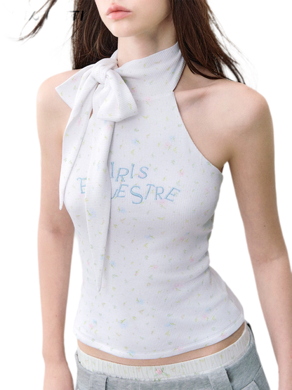 Printed Bow-Tie Halter Cropped Vest