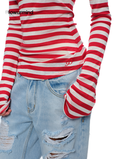 Wool V-Neck Striped T-Shirt