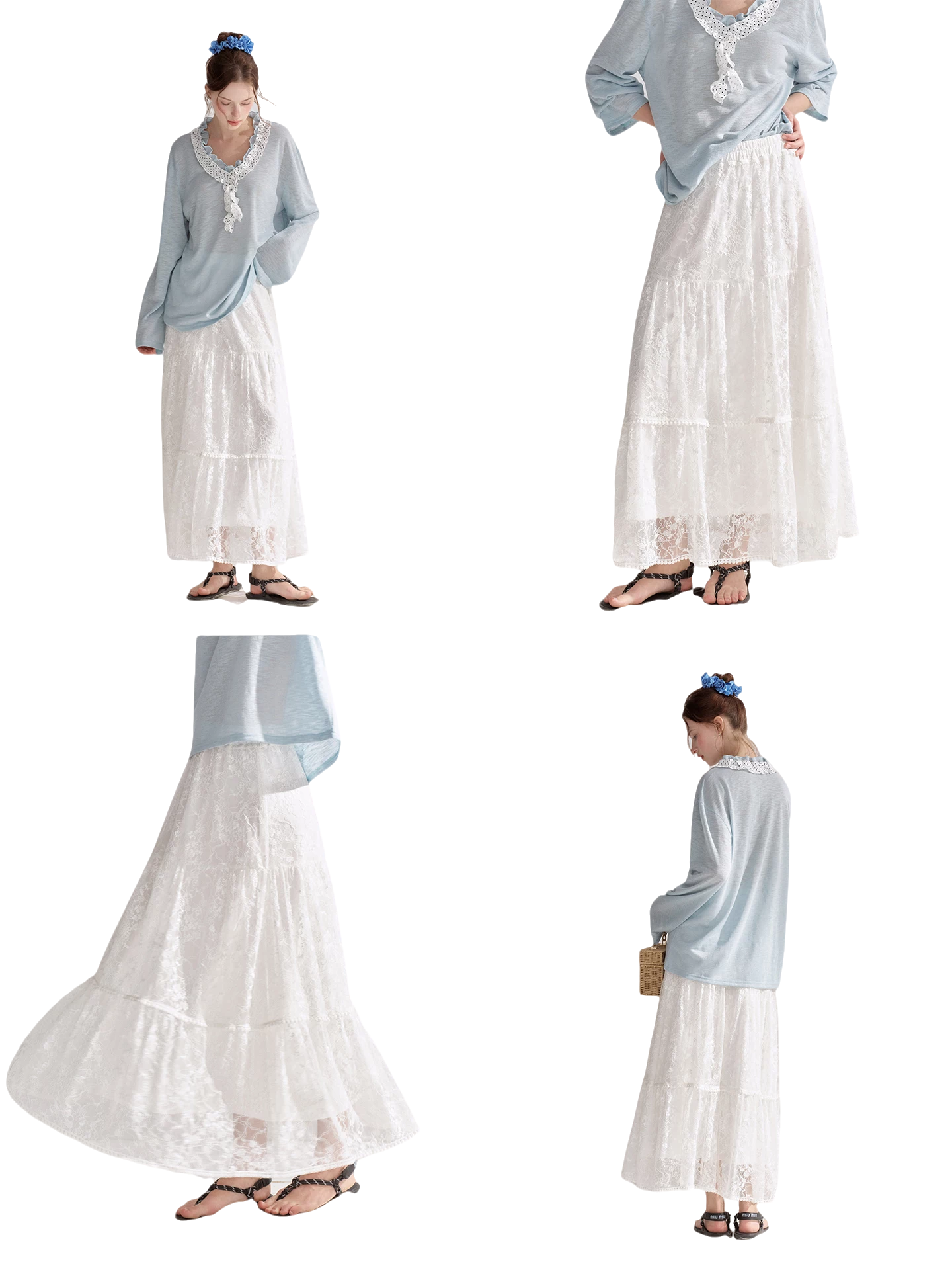 Lace Trim Elastic Waist A-line Long Skirt