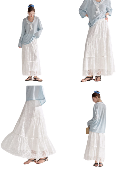 Lace Trim Elastic Waist A-line Long Skirt