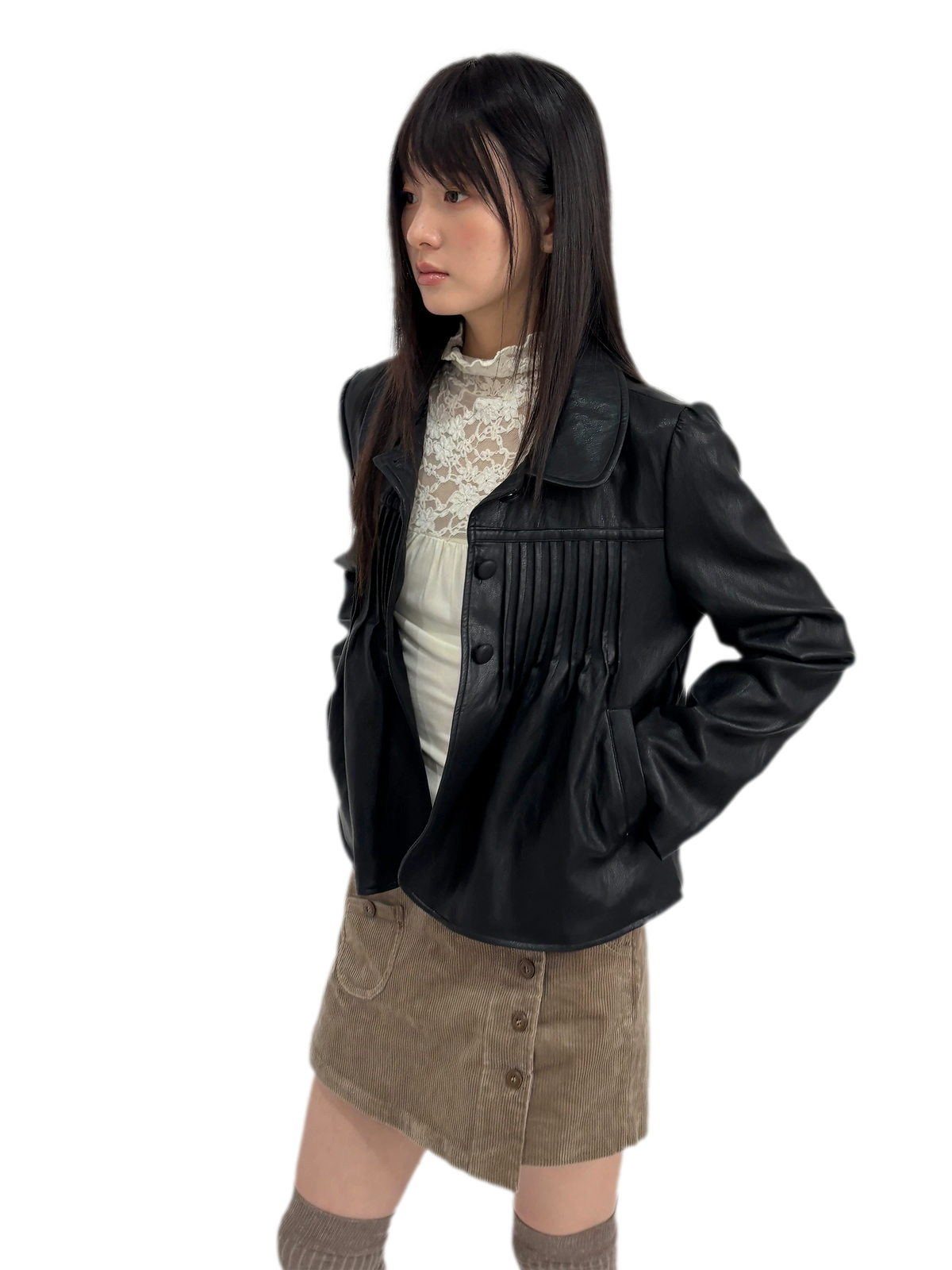 Distressed Pleated Oversized Leather Jacket