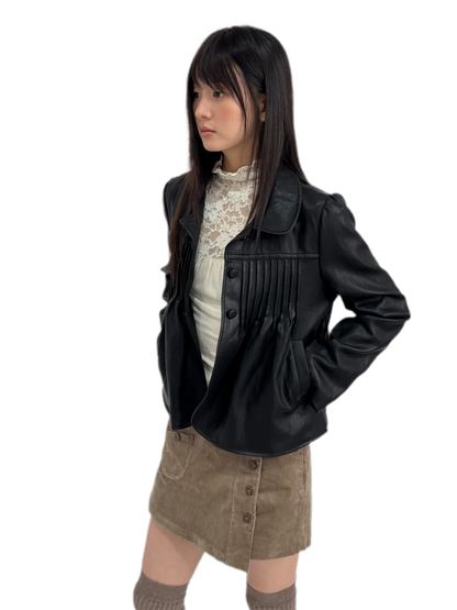 Distressed Pleated Oversized Leather Jacket