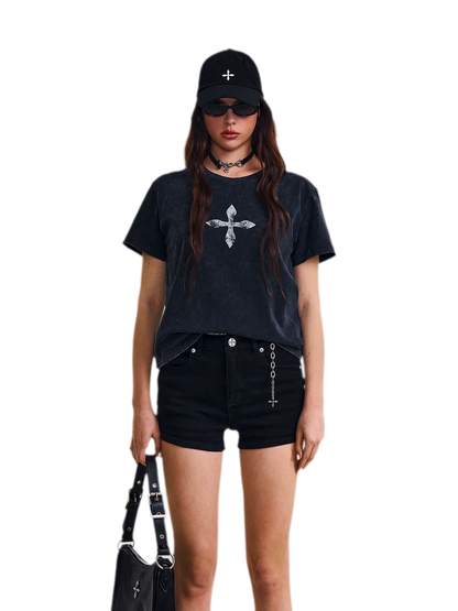 Vintage Washed Cross Embroidered Tee