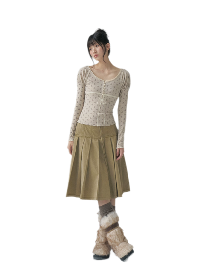 Washed Pleated A-Line Midi Skirt
