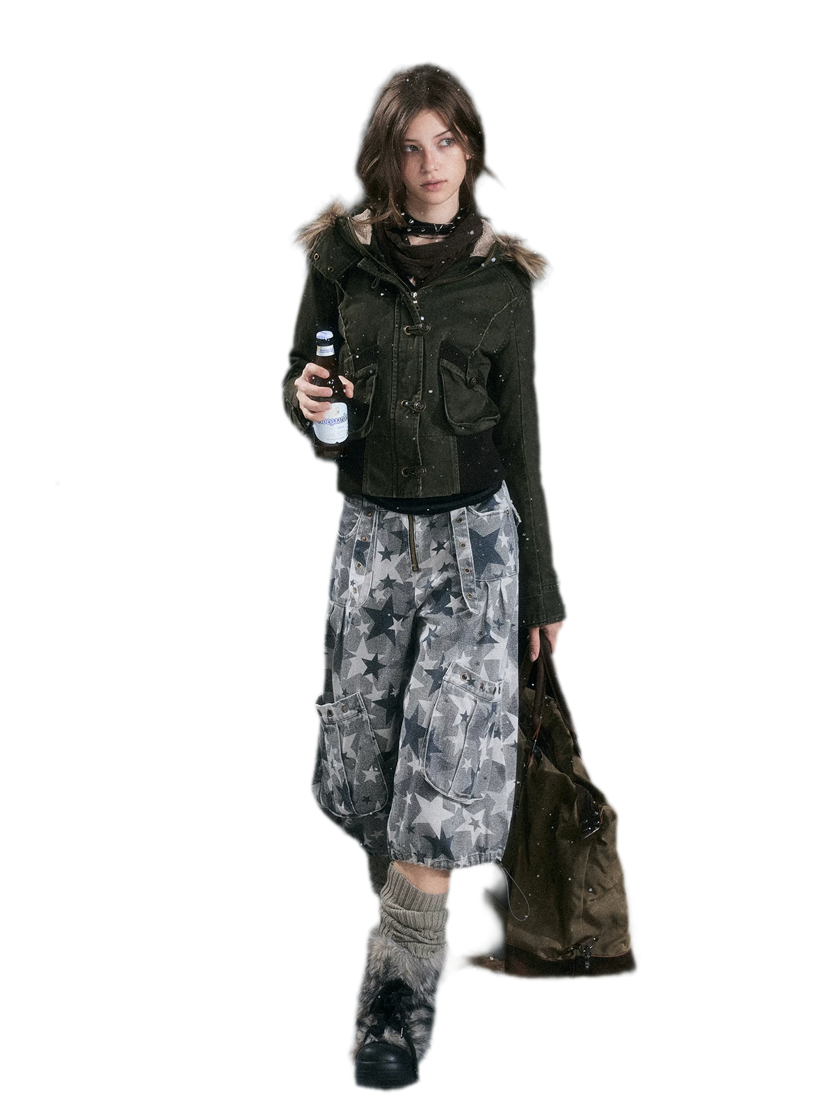 Washed Quilted Fur-Trim Hooded Jacket