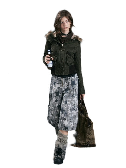 Washed Quilted Fur-Trim Hooded Jacket