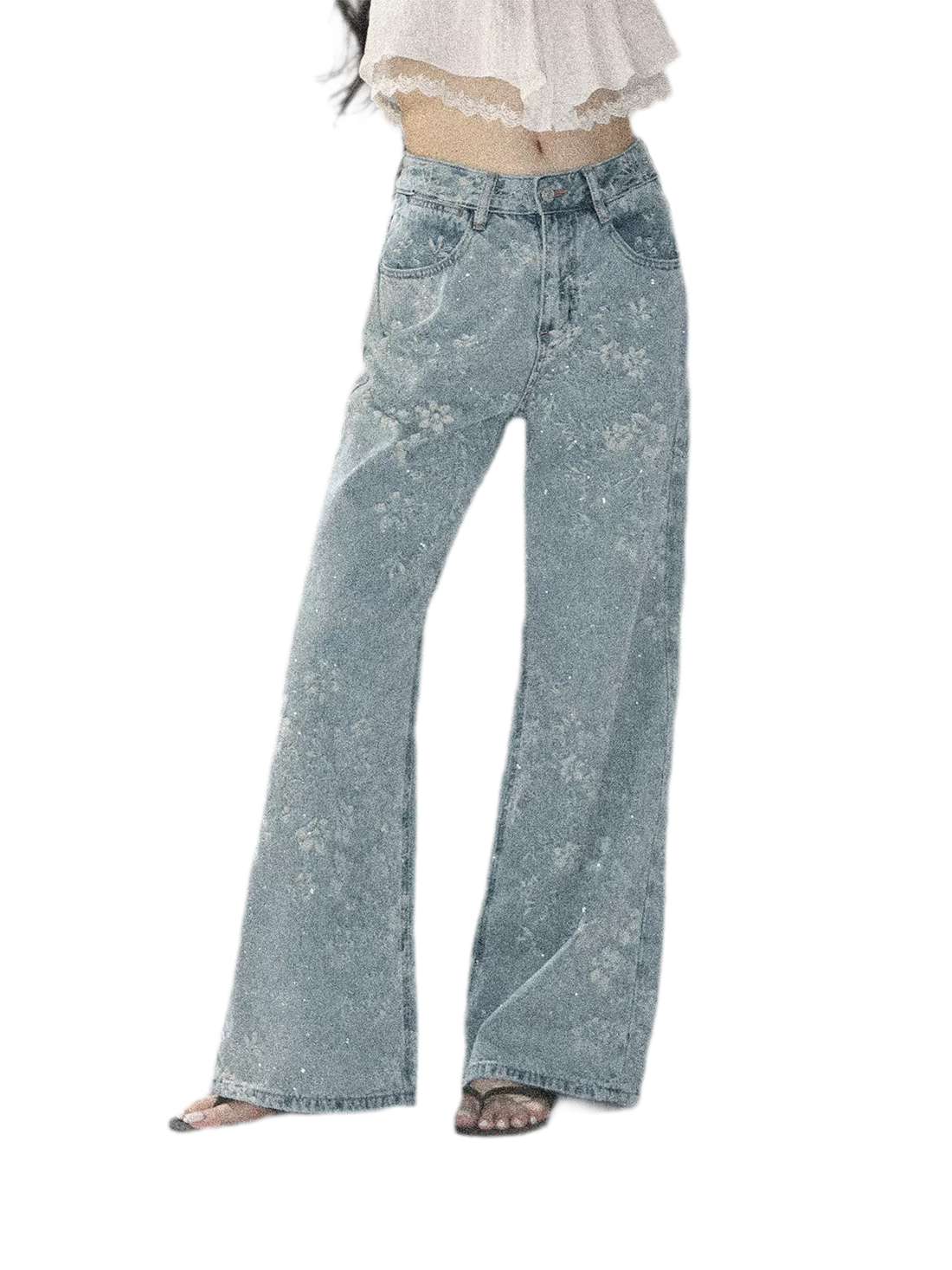 American Style Rhinestone Floral Denim Pants