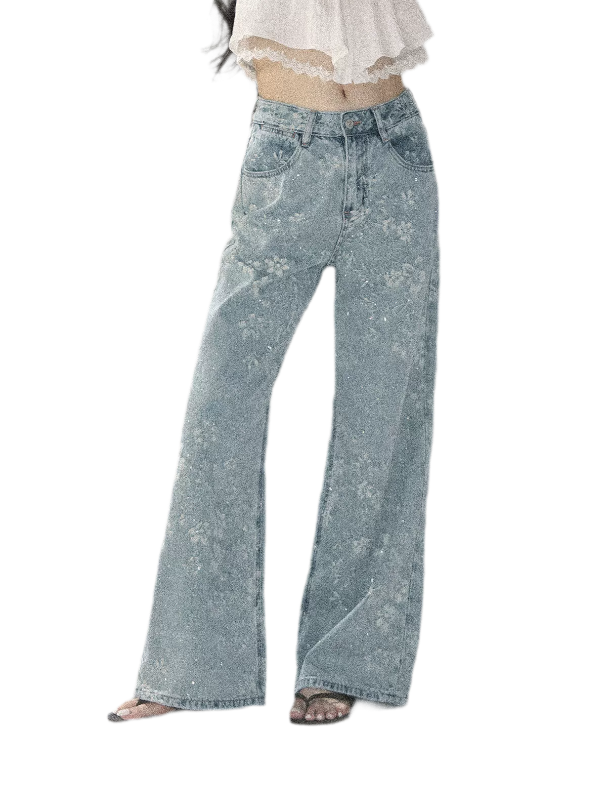 American Style Rhinestone Floral Denim Pants