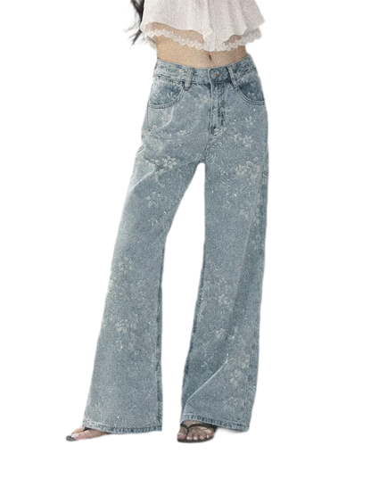 American Style Rhinestone Floral Denim Pants