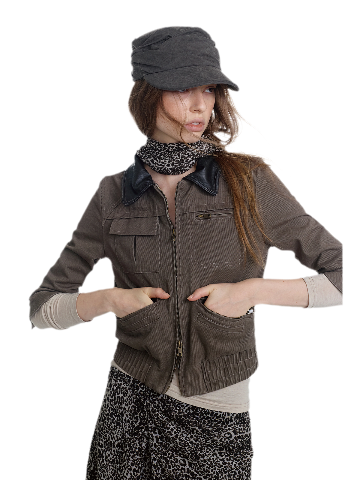 Washed Leather Cropped Cargo Jacket