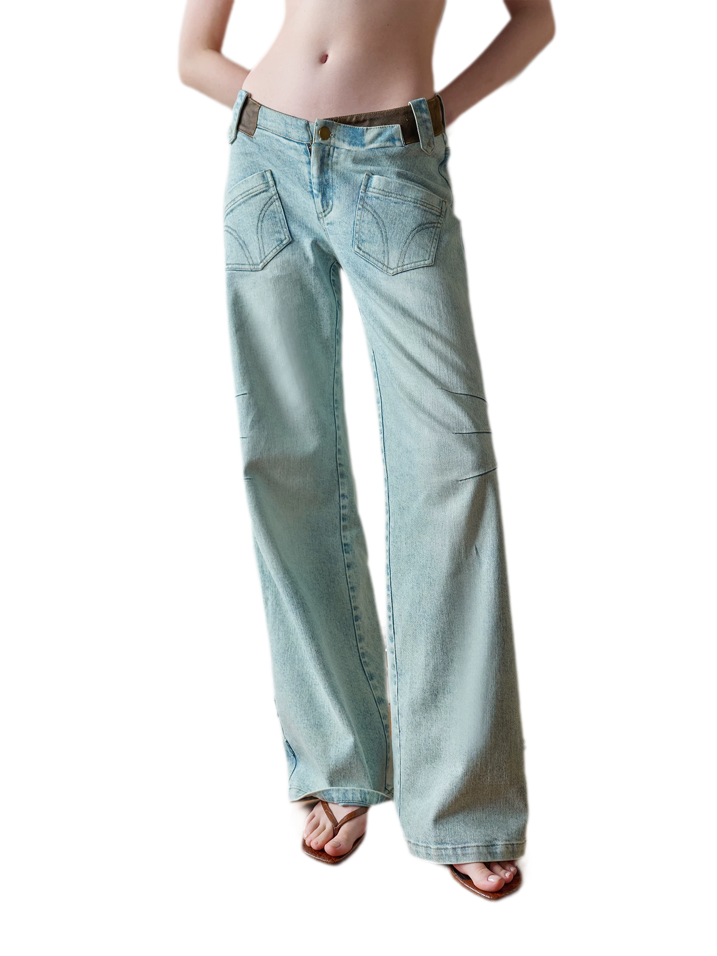 Vintage V-Waist Washed Blue Suede Patch Jeans