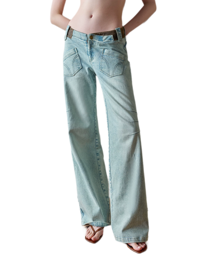 Vintage V-Waist Washed Blue Suede Patch Jeans