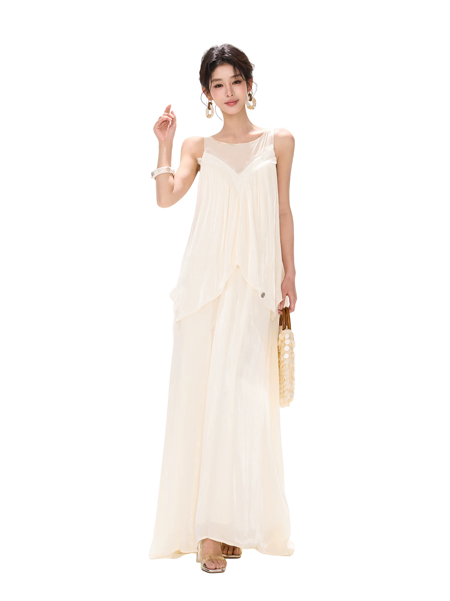 Sleeveless Mesh Ruffle Long Dress