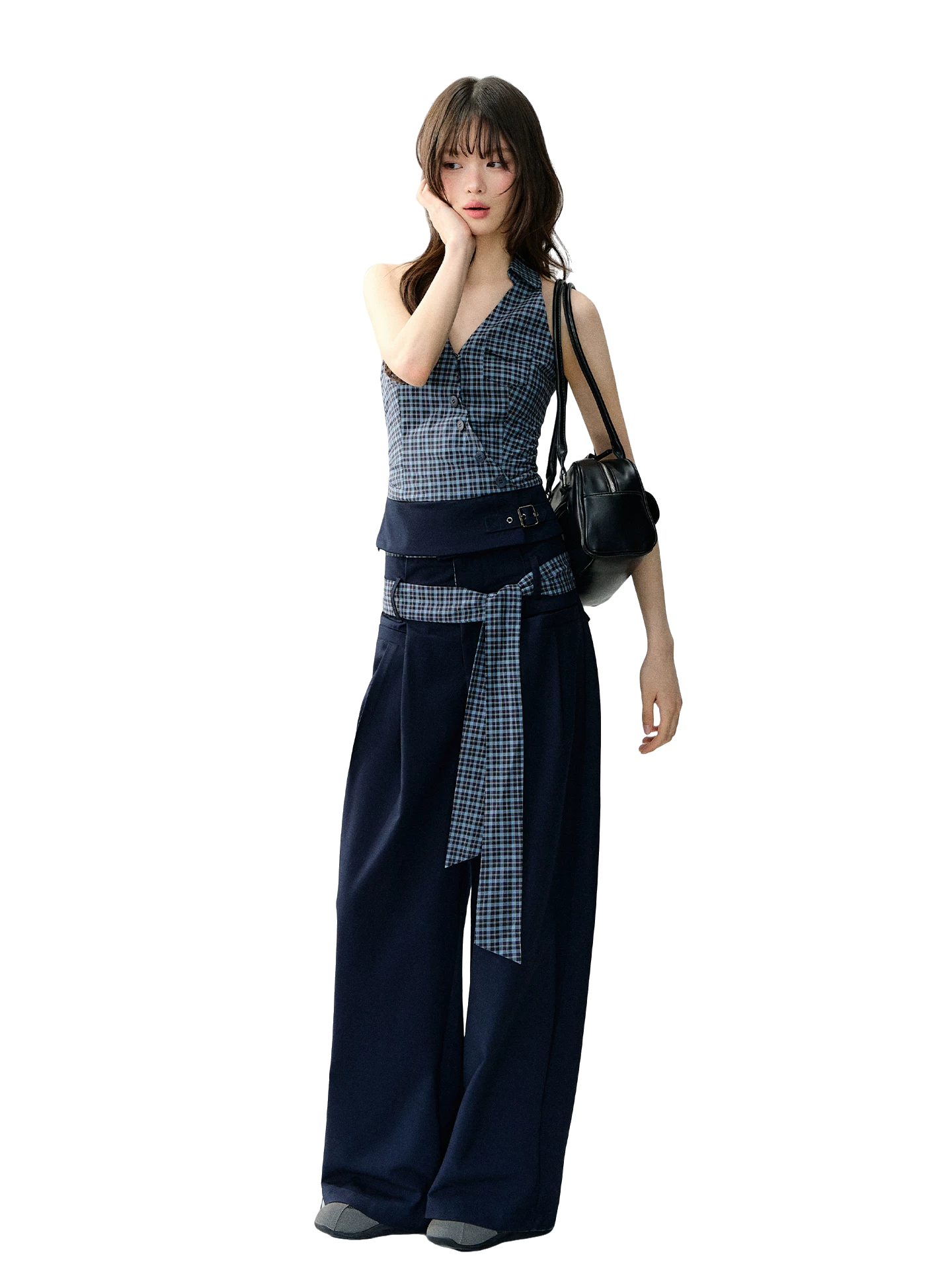 Navy Blue Plaid Two-Piece Set