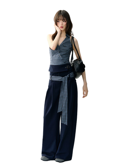 Navy Blue Plaid Two-Piece Set
