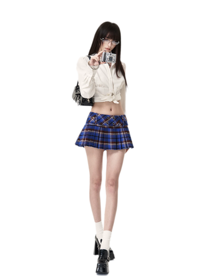 코튼 체크 플리츠 미니 스커트