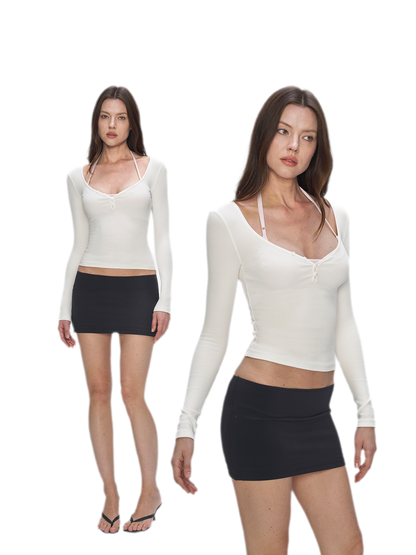 Ribbed V-Neck Button Top