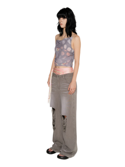 Washed Distressed Straight Pants