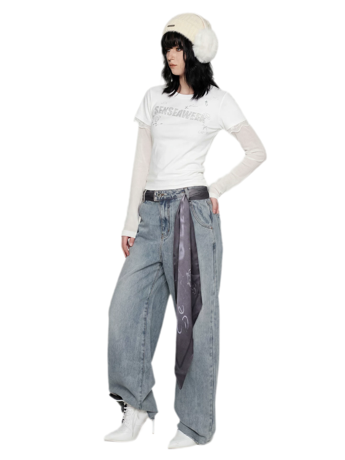 Scarf Tie Wide-Leg Jeans