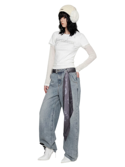 Scarf Tie Wide-Leg Jeans