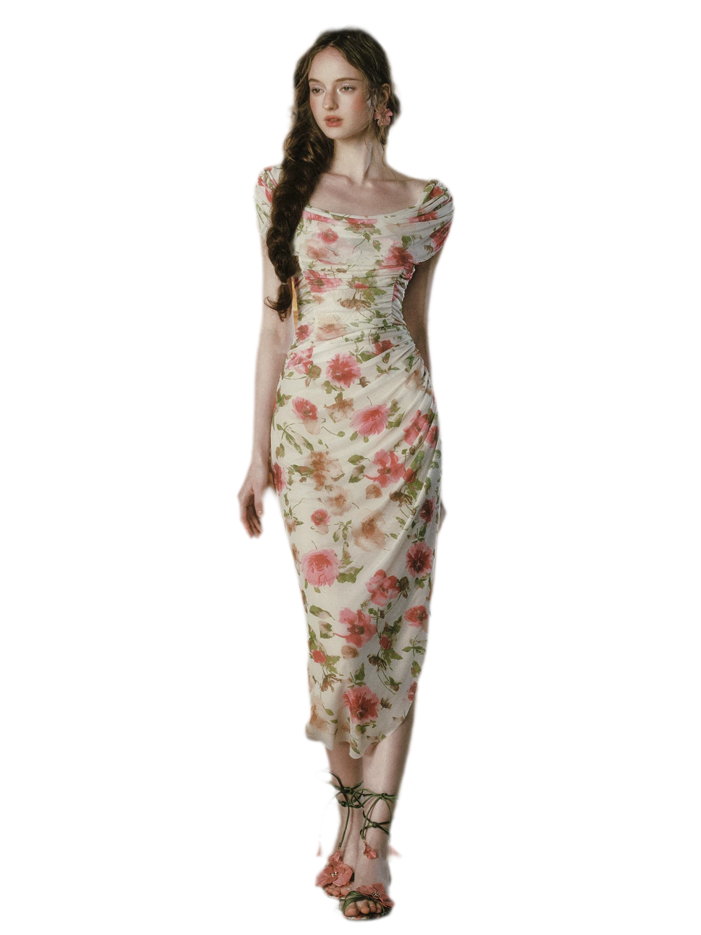 Printed Mesh Draped Dress