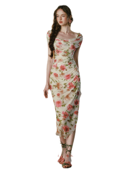 Printed Mesh Draped Dress
