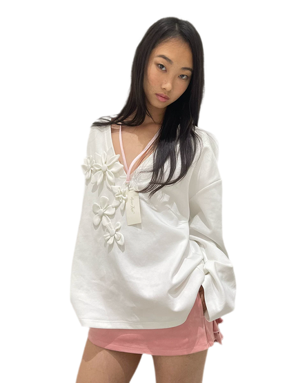 Handmade Flower Appliqué V-Neck Sweatshirt