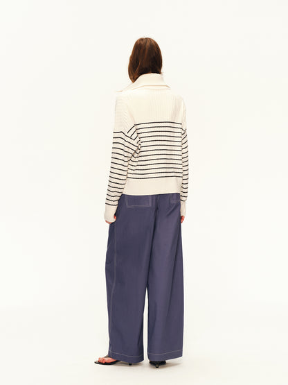 Striped Stand-Collar Zip Cardigan