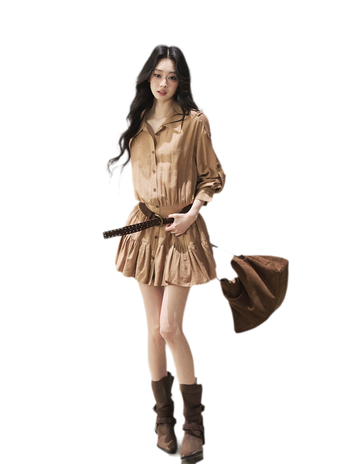 High-Waist Ruffle Shirt Dress