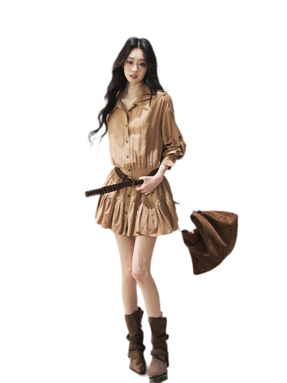 High-Waist Ruffle Shirt Dress
