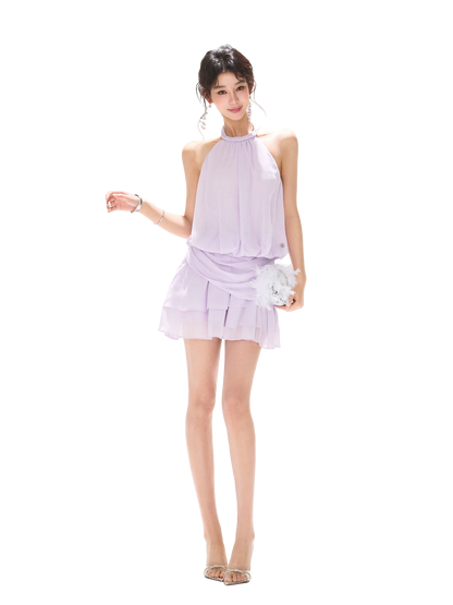 Halter Neck Sleeveless Chiffon A-Line Dress